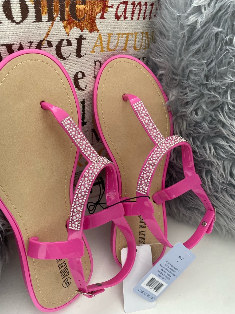 Ashley Blue Hot Pink Rhinestone T-Strap Sandals